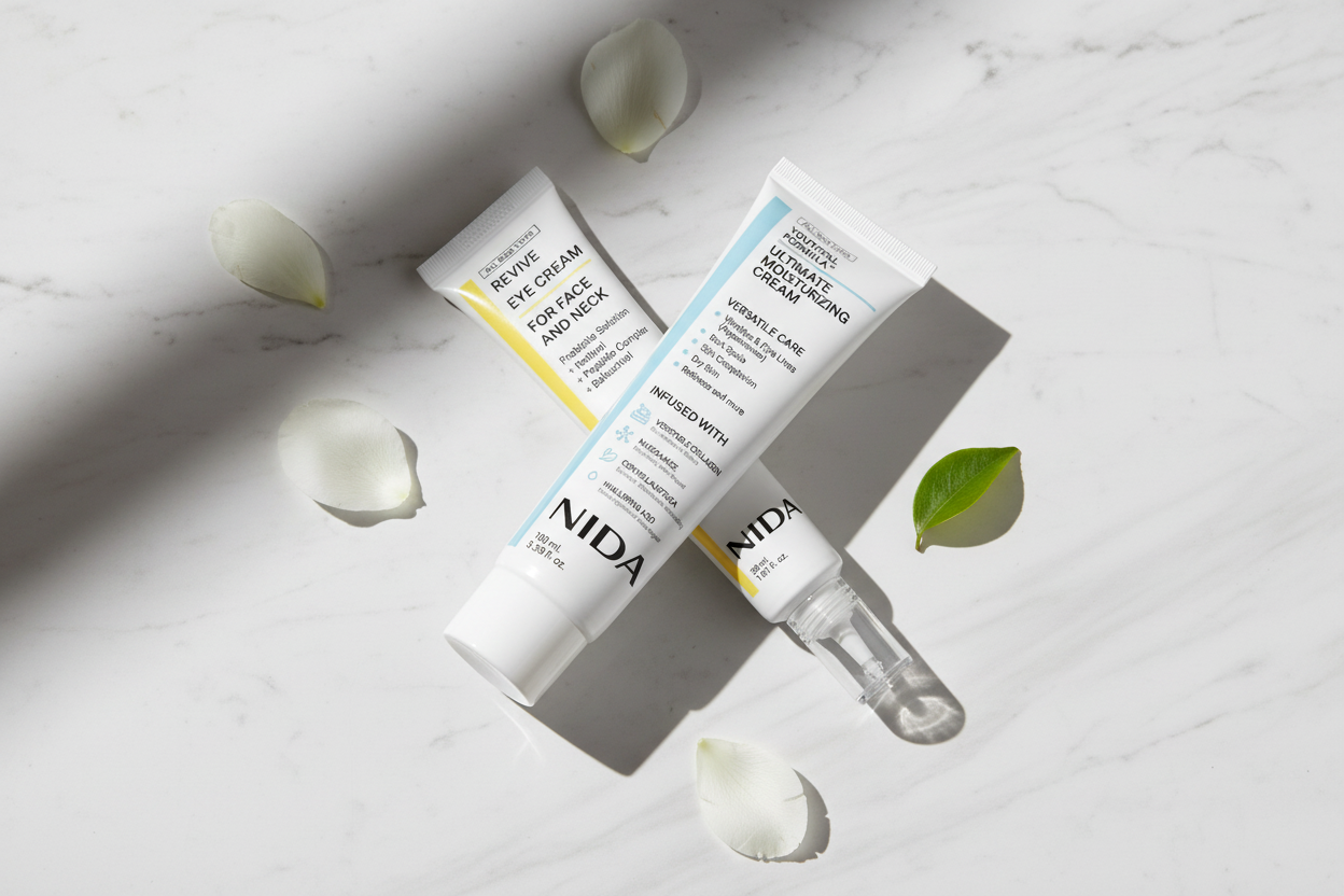 NIDA Skincare - Composición cruzada sobre mármol